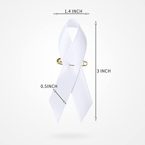 Image of 200 Pieces White Satin Awareness Ribbons with Safety Pins 1.4 x 3 inch