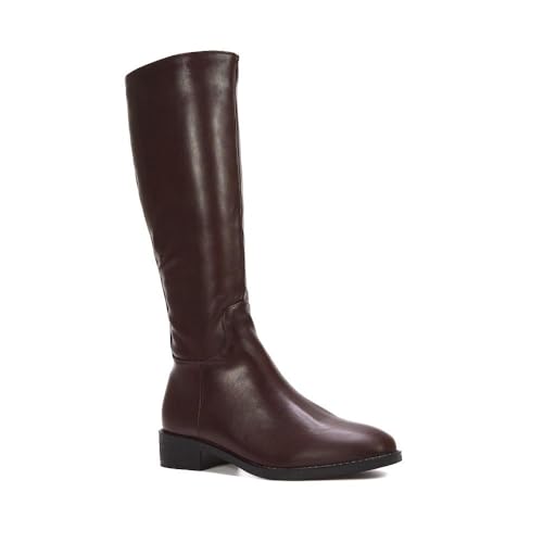 ESSEX GLAM Womens Knee High Boots Ladies Biker Riding Classic Flat Low Heel Brown Synthetic Leather Long Shoes Size 7