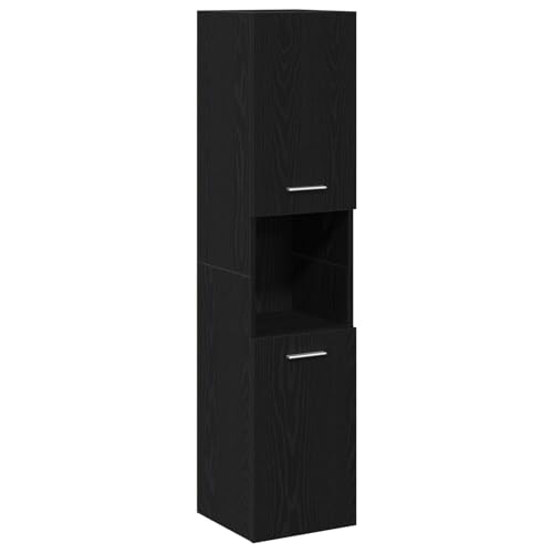 vidaXL Gabinete de Baño Moderno Roble Negro con Manijas de Madera Maciza y Acero Inoxidable 2 Puertas con bisagra Unidad de Almacenamiento Elegante para Esenciales de Tocador 30X30X130 cm