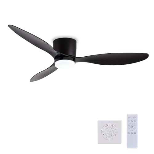 Ventilador de techo silencioso con luz tricolor ajustable, ventilador reversible de 6 velocidades y control remoto para sala de estar, grano de madera negra, 106 cm