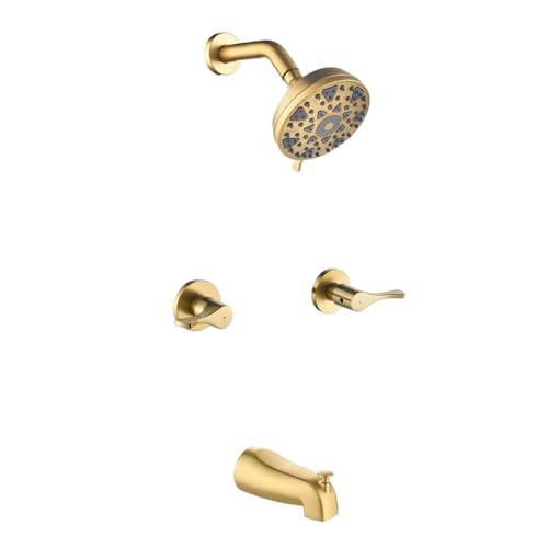 2 Handles Shower Faucet Set with Tub Spout Bathtub Shower Faucet Combo Set Shower System Complete Tub and Shower Trim Kit Wall Mounted Shower Fixtures Brushed Gold