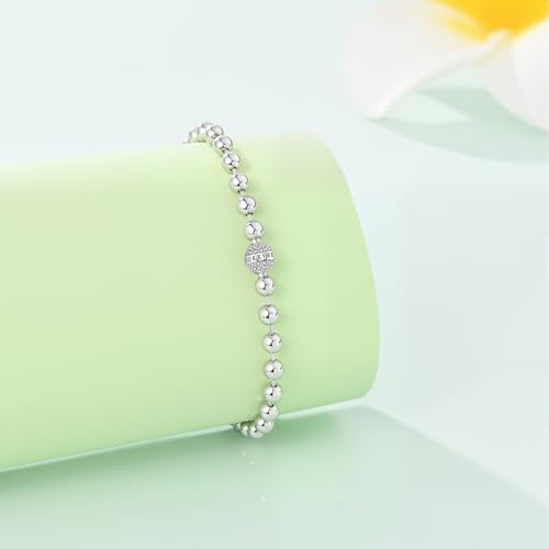 925 Sterling Silver Beaded Ball Bangle Love Lucky Bracelets for Women - Square Letter/Shiny Silver Ball Strand Jewelry | Elegant Daily Wear4