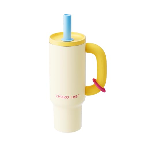 CHAKO LAB BaWang Insulated Tumbler | Tumbler with Handle and Straw 33oz | Cup Holder Friendly for Travel | Leakproof Water Bottle | BPA-Free | Sunny