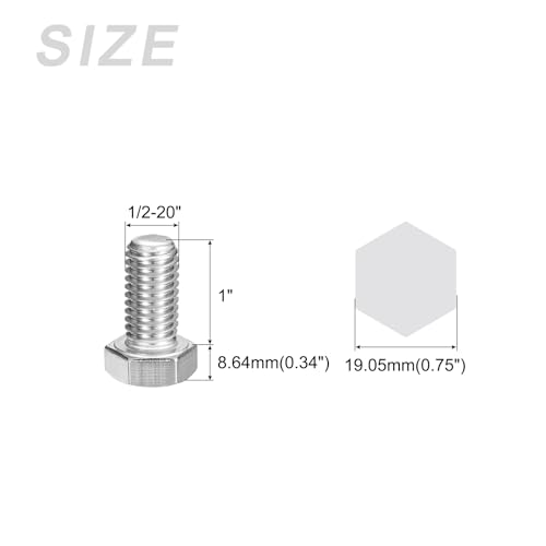 Image of METALLIXITY Hex Head Bolts (1 /2-20 x 1) 6Pcs, 304 Stainless Steel 18-8 Fully Threaded, External Hex Drive, Plain Finish, Hex Head Screw Bolt, Silver