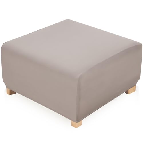 Image of YISUN Super Stretch Square Ottoman Cover - Soft Form Fit Ottoman Slipcover for Foot Stool & Folding Storage, Washable Furniture Protector with Non-Slip Elastic Bottom (M, Khaki)