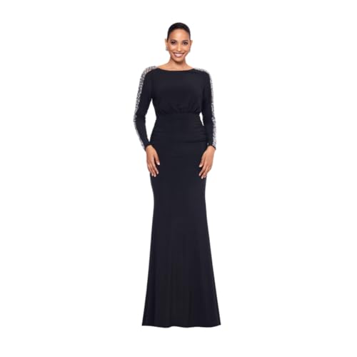 Betsy & Adam Women's Long Embellished Sleeve Ruched Waist Evening Gown with Keyhole Back Detail