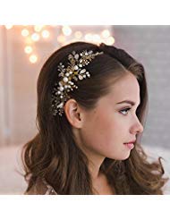Kercisbeauty Wedding Bridal Bridesmaids Flower Girl Crystal and Pearl Side Hair Comb Slide Headpiece Long Curly Bun Hair Accessories for Prom (Rose Gold)