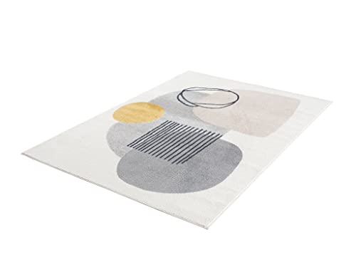 Abani Rugs Cream And Gray 8 Ft. X 10 Ft.(7'9"X10'2") Mid-Century Rug With Circles And Lines. Neutral Tones Of Cream, Gray And A Pop Of Yellow. Minimalistic Design Turkish Stain Resistant Area Rug. #TOP7