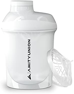 AMITYUNION Protein Shaker 400 ml - Szczelny shaker - Bez BPA z sitkiem i skalą do kremowych shake'ów z białka serwatkowego w proszku - Butelka fitness na siłownię dla izolatów, (Biały)