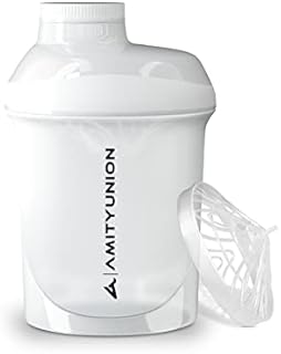 AMITYUNION Protein Shaker 400 ml - Szczelny shaker - Bez BPA z sitkiem i skalą do kremowych shake'ów z białka serwatkowego w proszku - Butelka fitness na siłownię dla izolatów, (Biały)