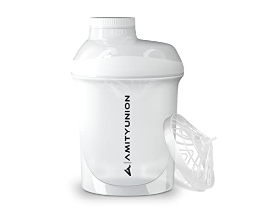 Protein Shaker Deluxe 400 ml a prueba de fugas, sin BPA, con tamiz y escala - ORIGINAL - para batidos cremosos de proteína de suero en polvo, aislados de proteínas y concentrados de BCAA, blanco