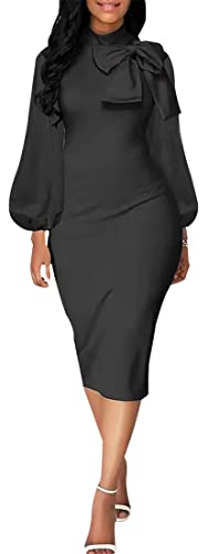 Image of Sexy Long Sleeve Dress for Women Solid Color Bow Knot Turtleneck Formal Gown Midi Casual Church Dresses