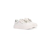 Braccialini Sneakers Comoda Sneakers con Soletta in Pelle, Base in Tinta Unita Bianca con Dettagli di Colore Argento nella Parte Posteriore. lucenti Accessori Removibili Che ne decorano Le Stringhe.