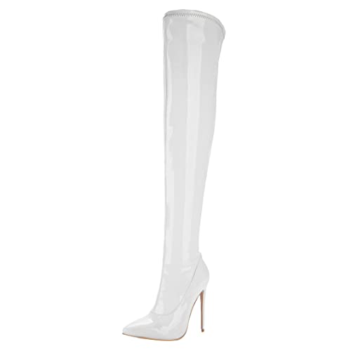 UniqueStride Women's Patent Leather Thigh High GoGo Boots Stiletto High Heels Pointed Toe Side Zip up Over the Knee Boots2
