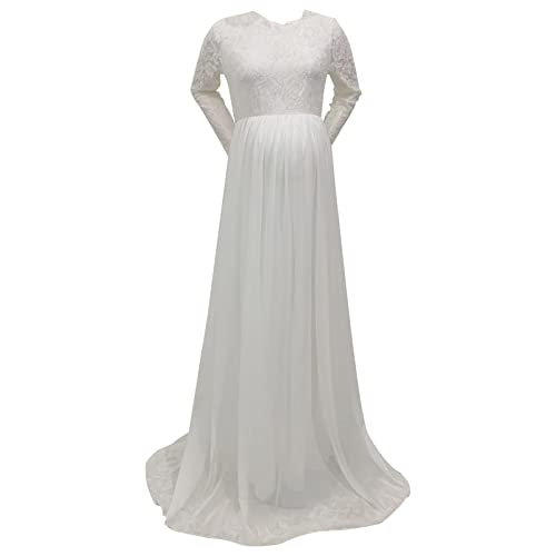 Foweknow Robe de mariée pour femme enceinte - Manches longues - Pour séance photo - Robe de maternité - Col en V - Élégante - Robe de soirée - Robe de soirée - Robe de cocktail, Blanc., XL