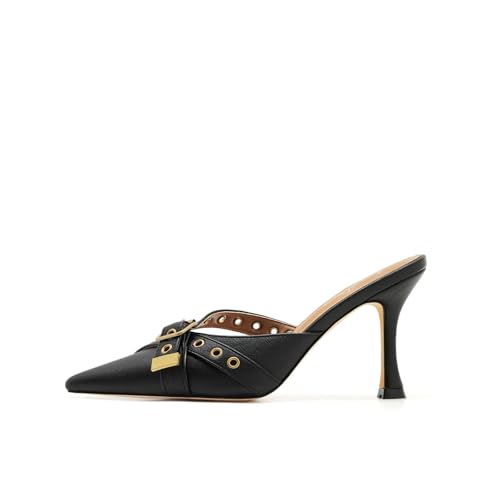 Women’s Black Leather Buckle Strap Mules Pointed Toe Studded Stiletto High Heel Slides Vintage Dressy Pumps