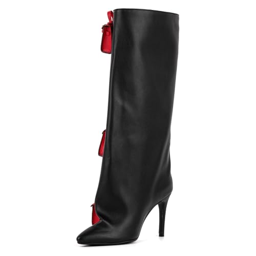 onlymaker Women's Knee-High Fashion Boots Pointed-Toe Stiletto Heel Red Mini Bag Embellished3