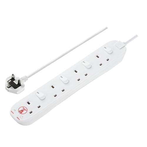 Masterplug Four Socket Extension Lead 2 Metre Cable Surge Protection Individual Switches Power and Surge LED Indicators 4-Way Plug Extension Cable Power Strip White 13A 4G 2m SWSRG4210N