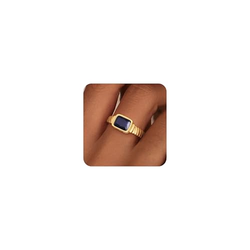 ZHESHY Birthstone Gold Rings for Women Non Tarnish Chunky Vintage Gemstone Royal Blue Rings 14K Gold Plated CZ Signet Thumb Band Rings Jewelry Gift for Birthday Size 7