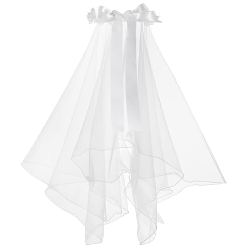 Image of Girls First Communion Veil White Floral Crown with Pearls Headpiece for Communion Day