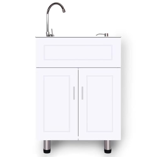 HARELA Lavandino Esterno Inox Professionale, Mobile Lavello da Cucina 1 Vasca con Rubinetto, Lavatoio con Mobile, Mobiletto Multiuso da Terra, per Bagno, WC, Lavanderia(68 * 45cm/26.7 * 17.7in)