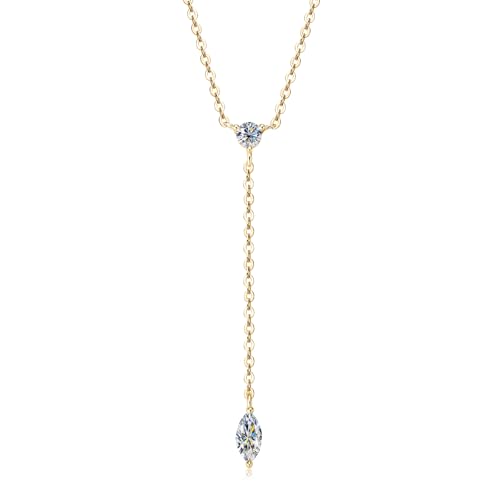 Lariat 14K White/Yellow Gold Plated Moissanite Necklace for Women, Dainty Long Necklace 925 Sterling Silver Chain Y-Shaped Pendant Drop Necklaces Trendy D Color Jewelry for Wife Mom Her