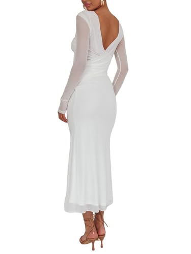 Image of Aisbei Women's Elegant Bodycon Maxi Dress Long Sleeve Boat Neck Backless Dress Party Cocktail Formal Wedding Guest Dresses