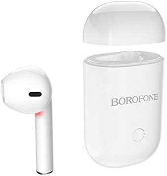 Borofone BC19 earbud next to its charging case.