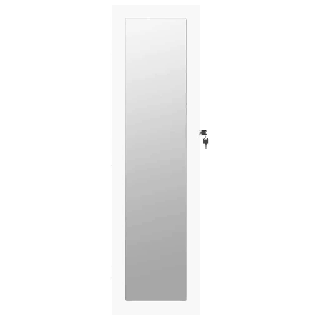 Szafka na biżuterię z lustrem, montaż ścienny, biała, 30 x 8,5 x 106 cm, zamykana szkatułka na biżuterię z materiału drewnopochodnego z dużym lustrem, haczykami i półkami na biżuterię i