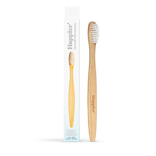 Happier Beauty Bamboo Toothbrush - Biodegradable Plastic Free Toothbrushes with Medium Bristles Ergonomic Handle and Head