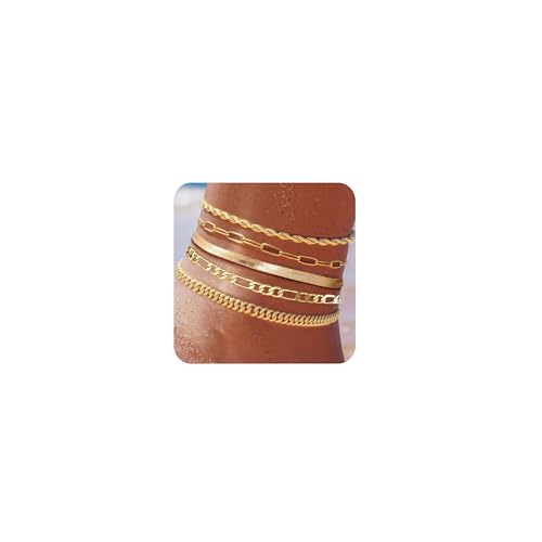 Image of Plus Size Gold Ankle Bracelets for Women Big Ankles, Adjustable Ankle 14K Real Gold Plated Cuban Link Chain Figaro Snake Herringbone Extra Large Anklet Bracelets,Summer Beach Foot Jewelry 10-12inch