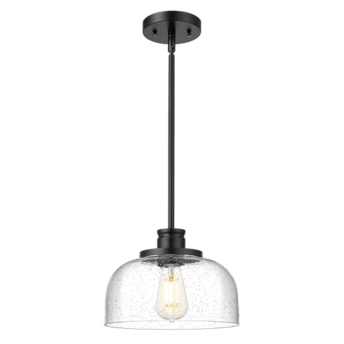 Emak Modern Black Pendant Light, 10 Inch Large Pendant Lights Kitchen Island with Seeded Glass Shade, Farmhouse Kitchen Island Lighting for Dining Room, Bathroom, Bar, PL131-BK-SG