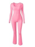 OQQ Women Yoga Jumpsuits Ribbed Exercise Long Sleeve Tops Bell Bottoms Jumpsuits Candypink