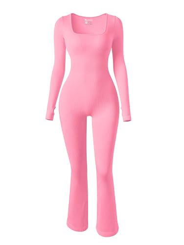 OQQ Women Yoga Jumpsuits Ribbed Exercise Long Sleeve Tops Bell Bottoms Jumpsuits Candypink