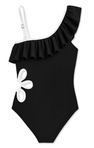 NikNio Girls One Piece Swimsuit One Shoulder Ruffle Bathing SuitAdjustable Straps Cute Cutout Swimwear for Toddler Kids Teens Black 6-7 Years — view 4