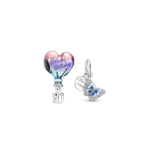 Vurotry 2Pcs Happy Birthday Balloon Pendant Birthday Fashion Love Heart Charm Balloon Butterfly Dangle Pendant for Women Jewelry (Chroma)