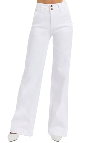 Risen Women's Tummy Control Double Button Wide Leg Jeans