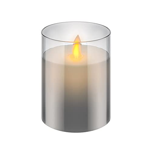 Goobay 60370 LED Echtwachskerze im Glas / 10cm hoch / Flammenlose Kerzen mit beweglicher Flamme / Batteriebetriebene Kerzen / LED Tisch Deko / LED-Kerzen mit Timer, Grau