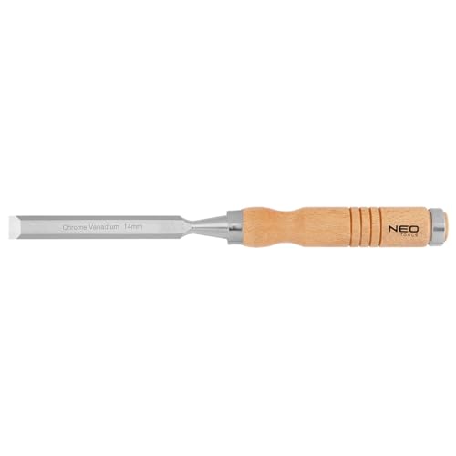 NEO TOOLS Ciseau à bois, burin, largeur de la lame 10-38 mm, lame en acier CrV, poignée en bois pour plus de confort, renforcement des chocs, anneaux métalliques sur les poignées, affûtable (14 mm)