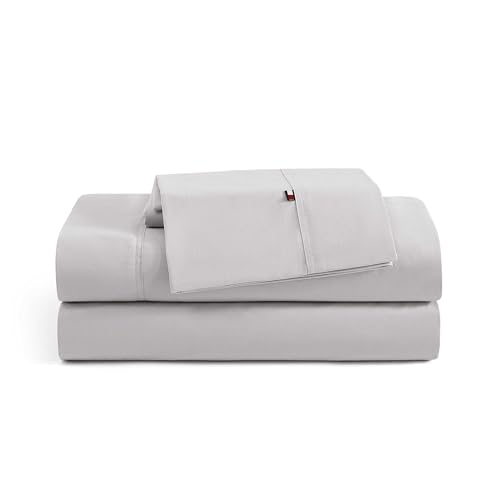 Tommy Hilfiger - Juego de sábanas, Ropa de Cama de percal de algodón con Fundas de Almohada a Juego, Fresco y Fresco, Solid Home Essentials (Gris, matrimonial)