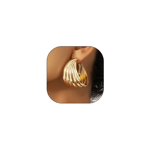 Gold Chunky Statement Earring for Prom Party,Oversized Exaggerated Dangle Earrings for Formal Evening Dress,Metal Thick Hoop Earrings for Women (Gold)