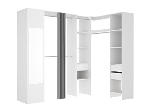 Vente-unique-Armario ropero de Esquina con Cortina y 1 Puerta - con Espejo - L231 cm - Blanco y Gris - Bertrand