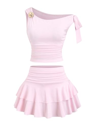 SOLY HUX Womens Two Piece Skirt Set Off The Shoulder Y2k Crop Top Ruffle Mini Skirts Going Out Outfits Light Pink Medium