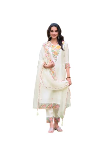 Image of NIVANA Womens Embroidered Rayon Kurta with Pant & Organza Embroidered Dupatta | Straight Fit | V-Neck | 3 /4 Sleeve | Ethnic Wear Set for Festive & Casual Occasions