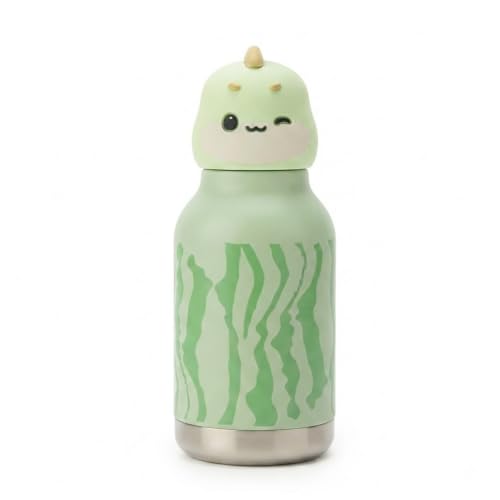 Image of JOUET Kids Stainless Steel Water Bottle 280ml with Cute Green Dinosaur Character Lid, Leakproof Drinking Bottle for School, Travel & Daily Use