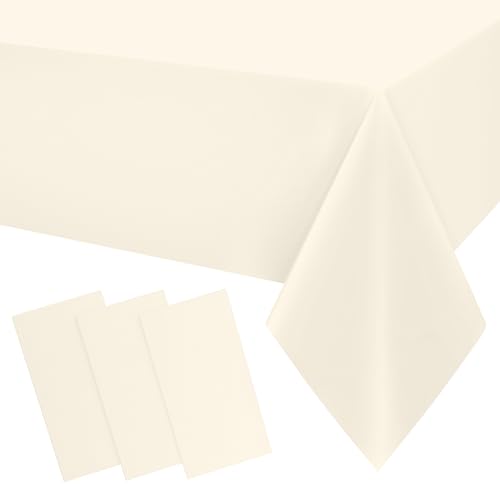 Image of Smiry Disposable Table Cloth 3 Pack, 54 x 108 Inch Waterproof Plastic Tablecloth, Decorative Rectangle Table Covers for Party, Birthday, Picnic, Beige