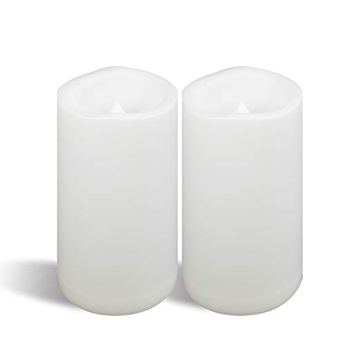 Image of CANDLE CHOICE Waterproof Outdoor Battery Operated Flameless Candles with Timer Large Plastic Resin Bright Flickering Electric LED Pillars Lantern Garden Wedding Christmas Decorations 4 inch(D)x8 inch(H) 2 PCS