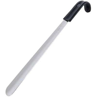 FootFitter Premium Long Stainless Steel Shoe Horn, 1.8mm Extra Thick, Leather Grip Handle for Easy Shoe Entry & Durability