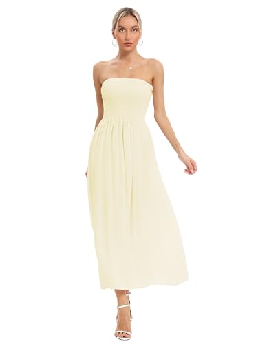Image of Aigeman Women Strapless Tube Maxi Dress Flowy Swing Long Beach Sundress Sleeveless Boho Summer Dress with Pokets 330