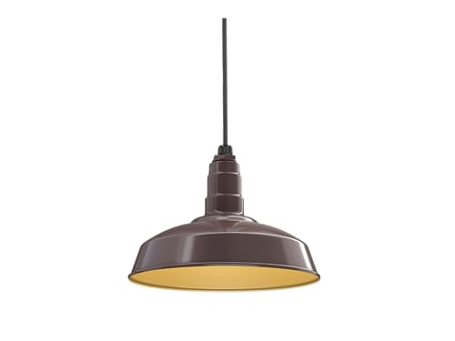 Image of Steel Lighting Co. Carson Barn Light | Ceiling Mounted Pendant | 16 inch Dome | Black Cord | Industrial Style Steel Light Made in America | Dark Bronze Exterior /Brass Interior